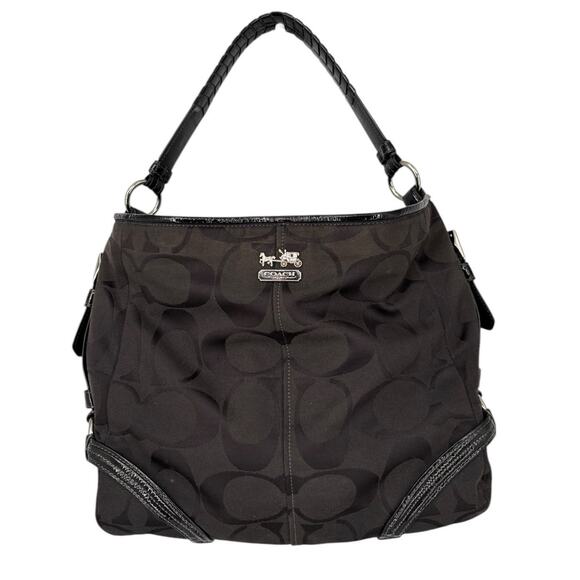 Coach Katarina Signature Canvas Patent Leather Hobo Shoulder Bag Black 18903 - Picture 1 of 13